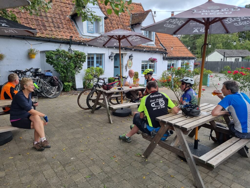 The Blue Lion pub at Hardwick, with Bashers drinking outside